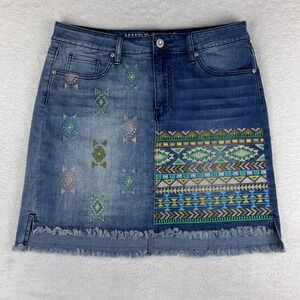 Hydraulic Denim Skirt‎ Embroidered Patchwork Frayed Hem High Rise Size 10